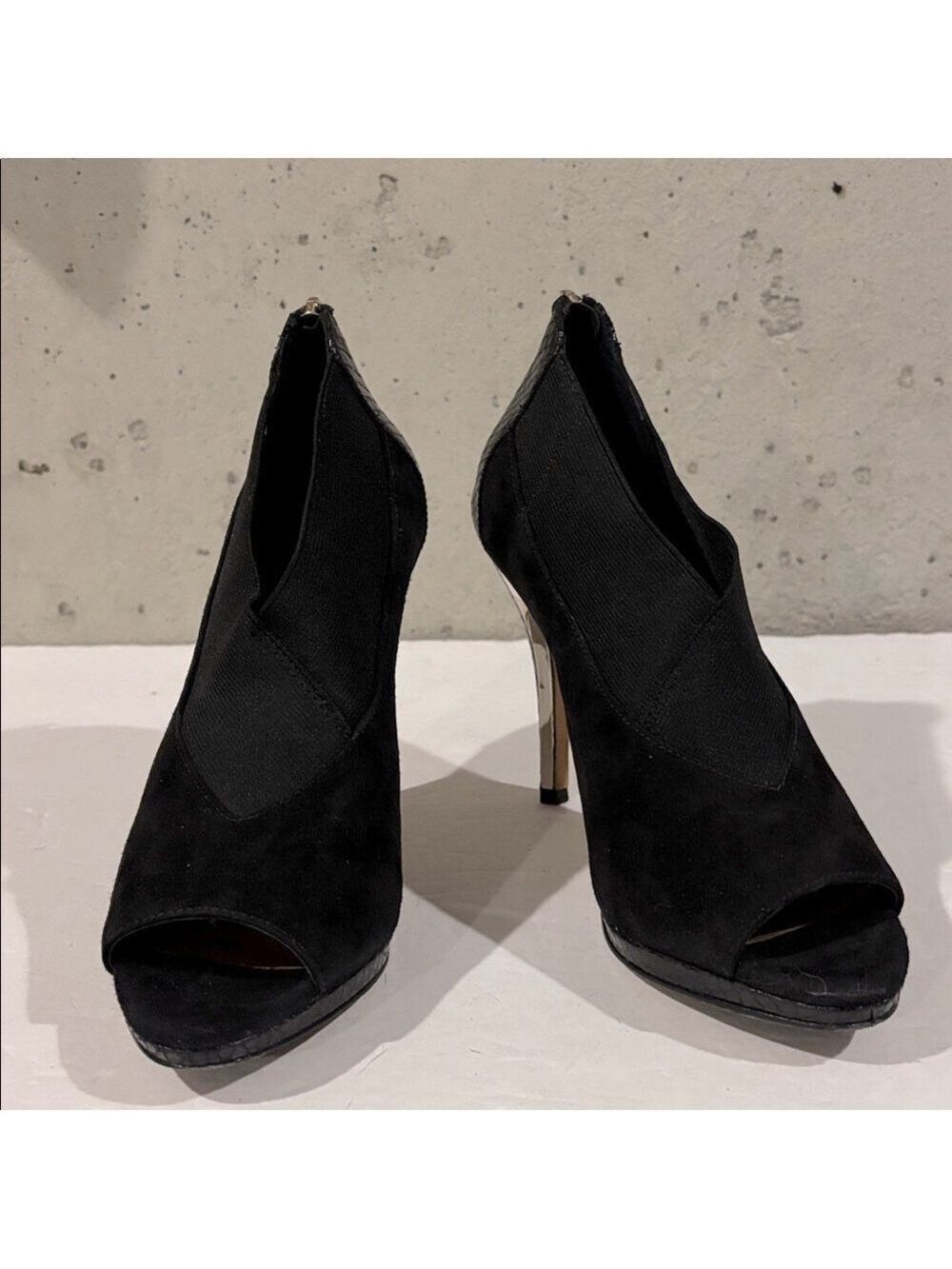 Donald J Pliner Black Suede And Snakeskin Peep Toe Ankle Boots - Size 7 Medium